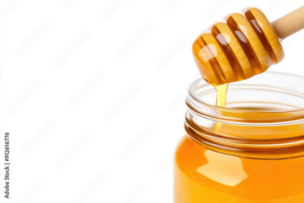 Close-up of honey dripping from a wooden dipper into a glass jar, showcasing the golden color and texture of the sweet liquid. Close-up of honey dripping from a wooden dipper into a glass jar, showcasing the golden color and texture of the sweet liquid.
