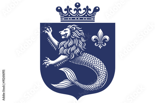Medieval coat of arms with sea lion, fleur-de-lis and crown. Sea-lion. Merlion.  Mythical sea lion. Lion with a fish tail. vintage engraving vector illustration. Logo, print, emblem
