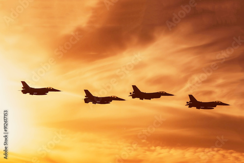 Military fighters, defenders of the sky, in flight photo