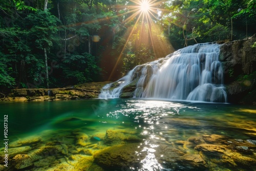 A peaceful nature scene featuring a serene waterfall cascading into a crystal-clear pool, surrounded by a lush forest bathed in sunlight
