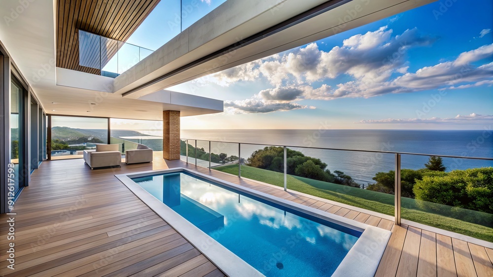 Fototapeta premium Balcony overlooking the ocean and pool in a modern villa, balcony, ocean view, pool view, modern villa, luxury