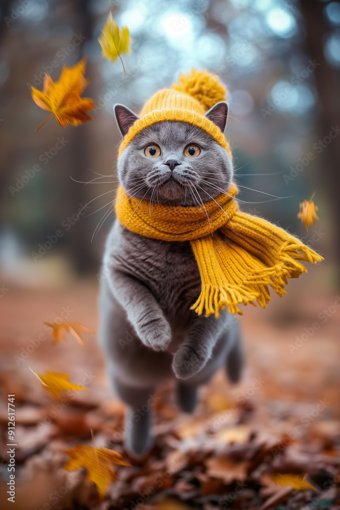British Shorthair in hat and scarf playing in autumn leaves concept British Shorthair in hat and scarf playing in autumn leaves concept