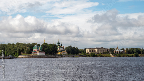 View of Uglich Kremlin from the Volga river. Golden Ring of Russia. The Church of Dimitry on the Blood and the Transfiguration Cathedral. Power Plant. photo