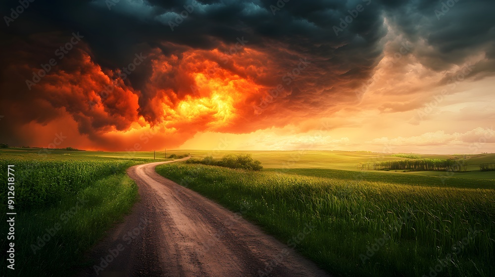 Fototapeta premium Dramatic Sunset Over Country Road.