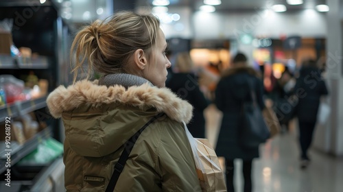 A woman in a warm jacket looks around while carrying shopping bags in a vibrant mall atmosphere