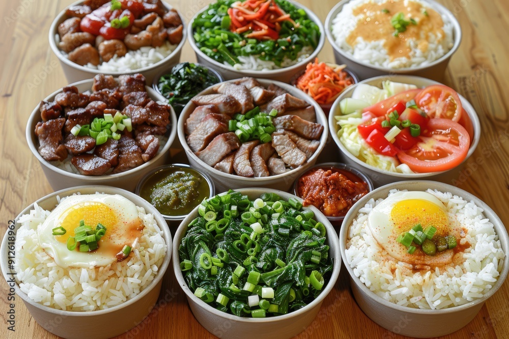 Assortment of Rice Bowls with Various Toppings Assortment of Rice Bowls with Various Toppings