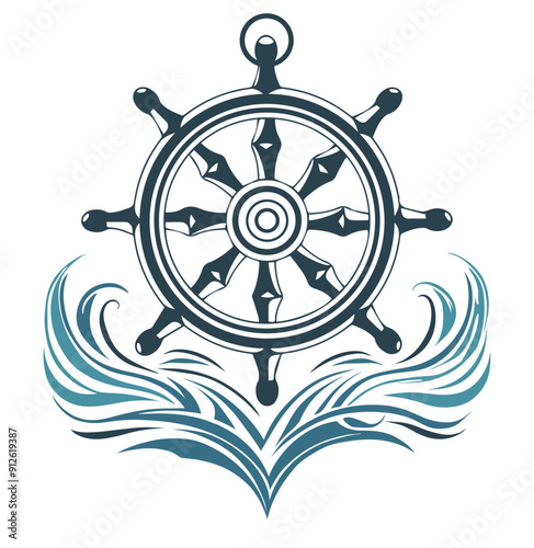 Vintage ship helm with ocean waves in blue shade. Illustration