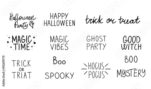 Vector cute collection of phrases and quotes for halloween hand drawn. Magic doodle lettering for halloween holiday