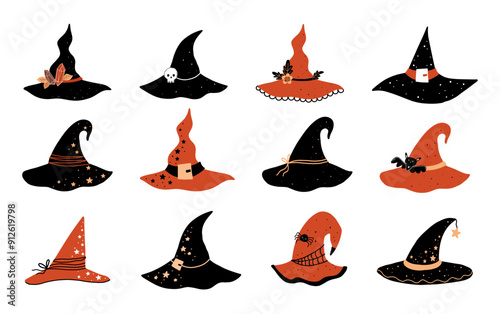 Cute big collection of hand drawn witch hats. Magic set of hats for a Halloween cartoon party. Illustration isolated on white background.