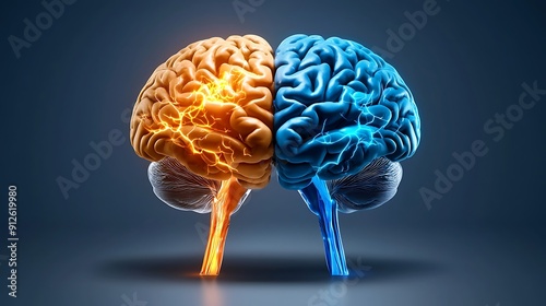 A creative representation of a brain split into orange and blue sections, symbolizing duality and cognitive processes.