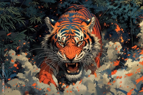 A Tiger Emerging from a Cloud of Smoke in a Forest