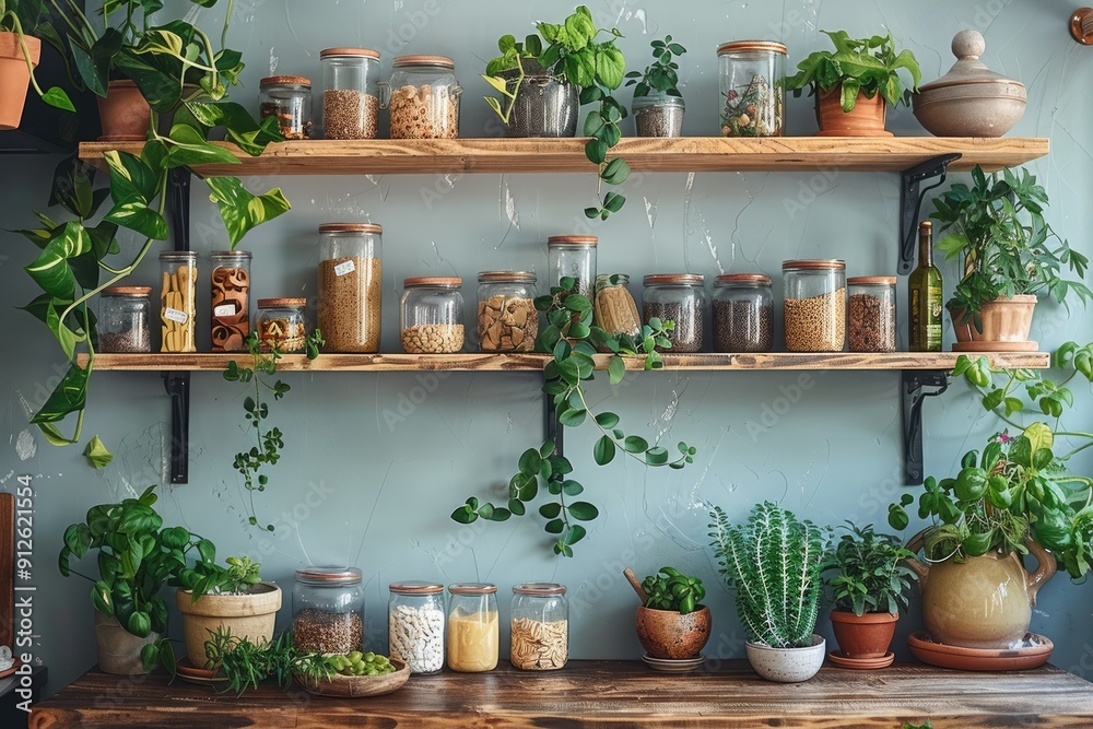 Wooden Shelves Decorated with Plants, Jars, and Pots Wooden Shelves Decorated with Plants, Jars, and Pots
