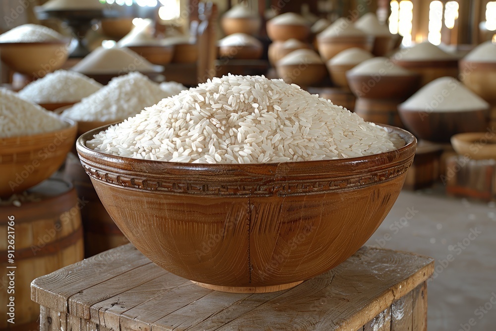 A Large Wooden Bowl Filled with White Rice Grains