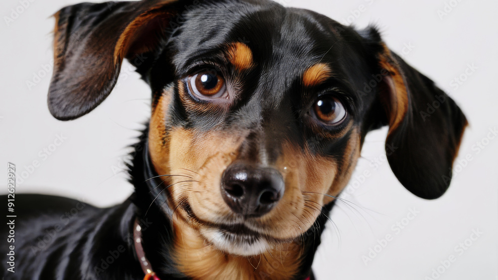 A small black and brown dog with brown eyes is looking at the camera A small black and brown dog with brown eyes is looking at the camera