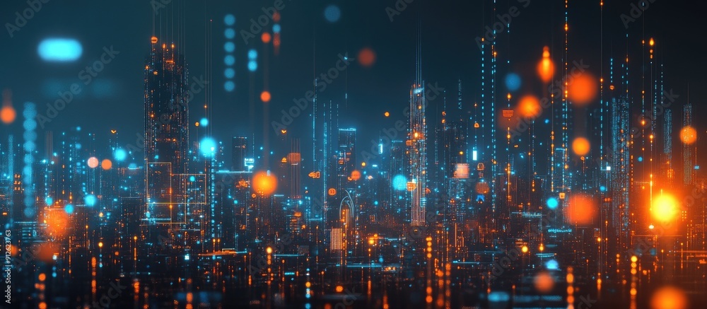 Illuminated urban landscape at night featuring vibrant virtual data structures including graphs and interface elements Conceptual depiction of technology seamlessly integrated into city life 3D re Illuminated urban landscape at night featuring vibrant virtual data structures including graphs and interface elements Conceptual depiction of technology seamlessly integrated into city life 3D re
