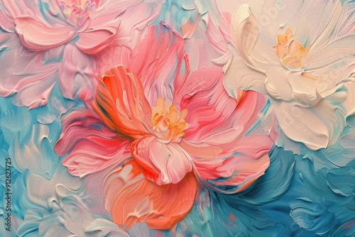 Abstract Painting of Pink and White Flowers on a Blue Background