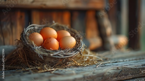 A wallpaper showing a close-up of freshly laid eggs in a straw-filled basket, placed on a wooden bench  photo