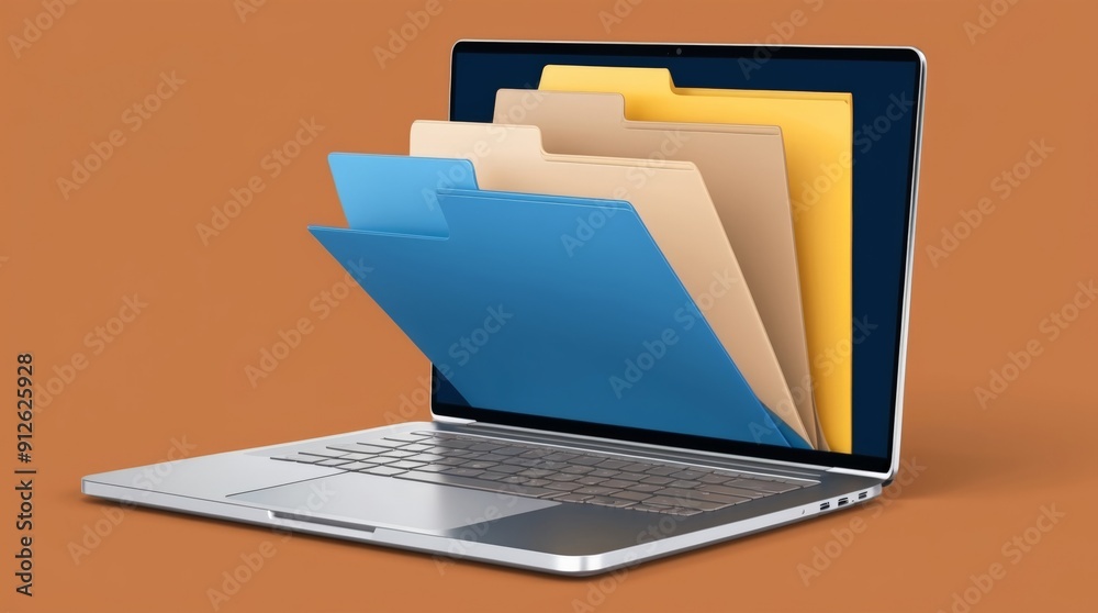 Laptop with file folder on screen, data stores concept Laptop with file folder on screen, data stores concept