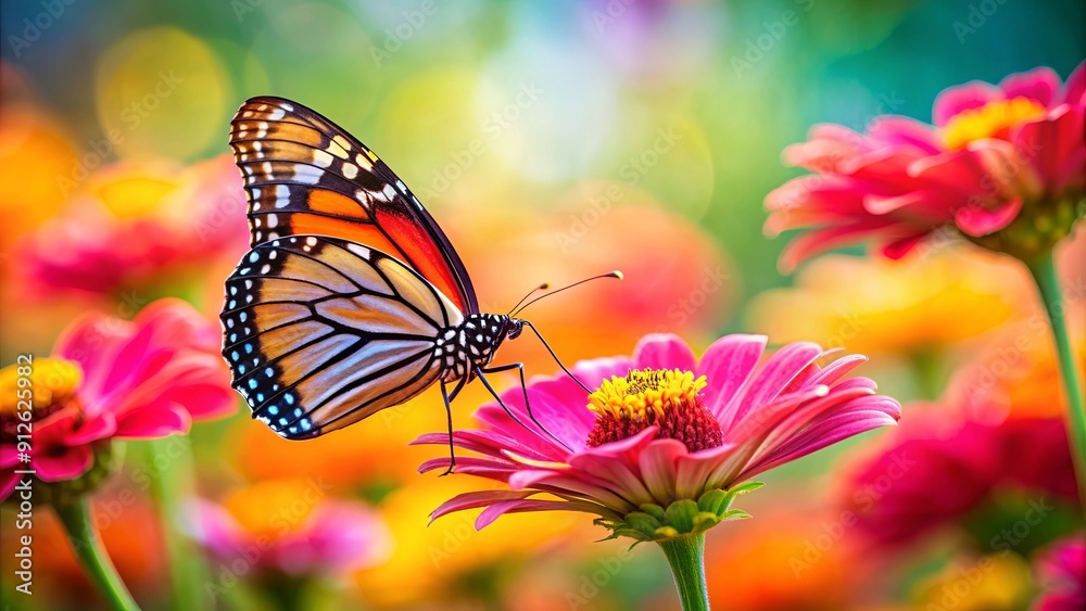 Obraz premium Butterfly perched delicately on a vibrant flower, butterfly, flower, nature, wildlife, insect, colorful, vibrant, beauty