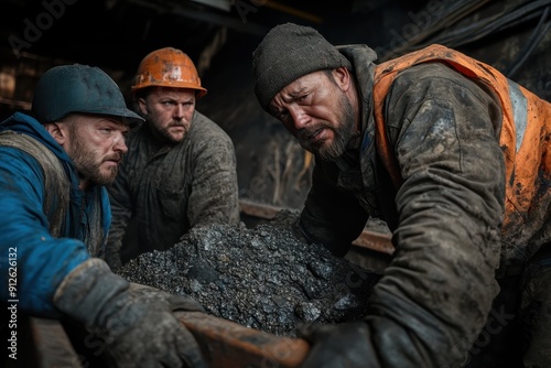 Coal miners exert effort struggling to lift a heavy cart filled with coal in a dimly lit mine, their faces showing intense concentration and physical strain.