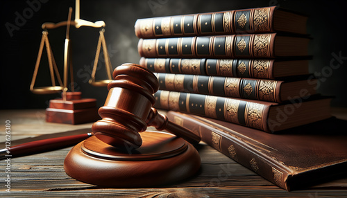 A classic courtroom scene with a wooden gavel, a stack of law books, and a scale of justice.