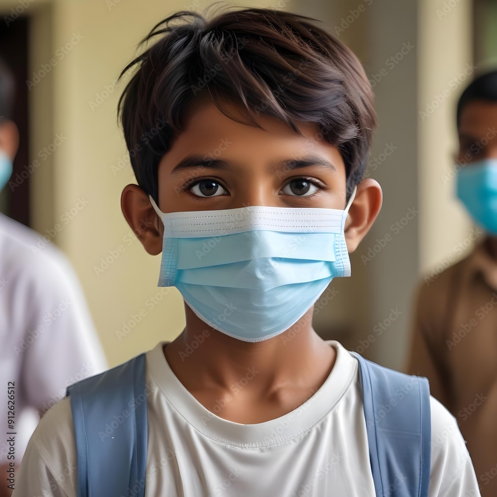 An Indian boy wearing a surgical mask against the nipah virus symbolizing resilience and strength An Indian boy wearing a surgical mask against the nipah virus symbolizing resilience and strength