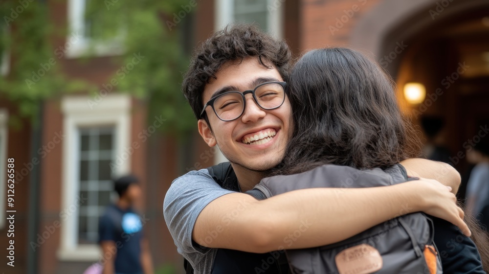 Fototapeta premium Tender Farewell - Emotional Student Hugging Family at Dorm Entrance Before Parting Ways