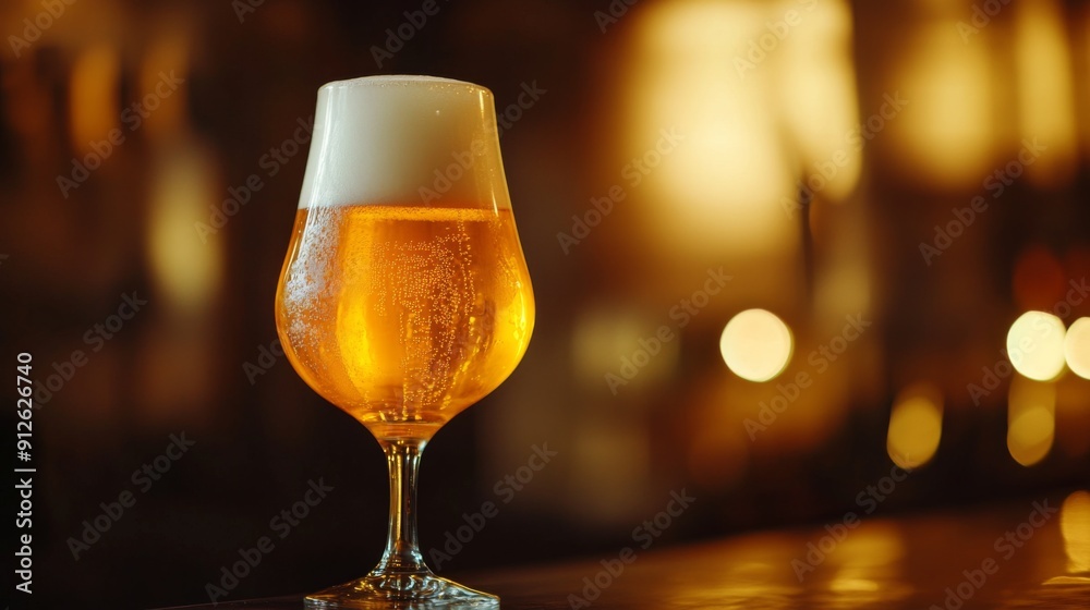 Beer in a glass, golden in color, with a frothy head, softly illuminated by warm light for a cozy feel. Beer in a glass, golden in color, with a frothy head, softly illuminated by warm light for a cozy feel.