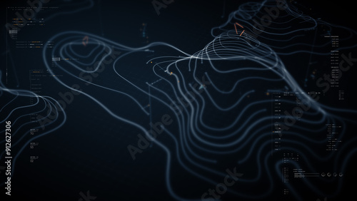 Futuristic holographic terrain topology head-up screen display, offering advanced tactical navigation and real-time environmental data