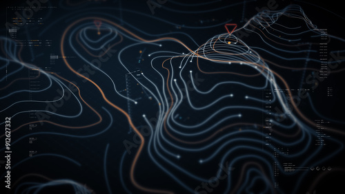 Futuristic holographic terrain topology head-up screen display, offering advanced tactical navigation and real-time environmental data