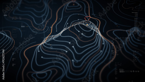 Futuristic holographic terrain topology head-up screen display, offering advanced tactical navigation and real-time environmental data