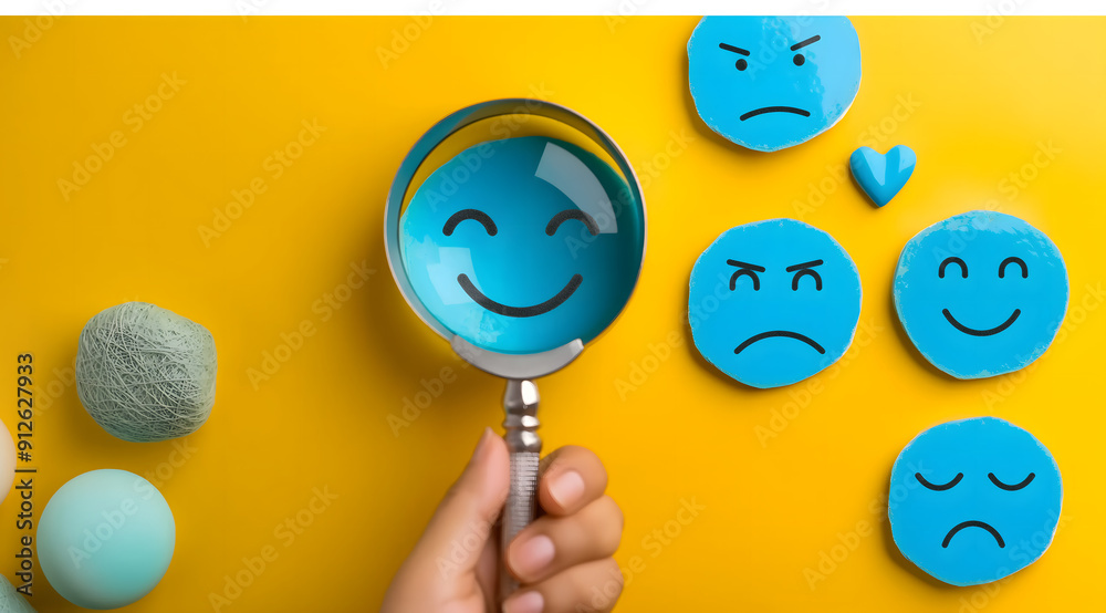 A vibrant yellow background showcases a diverse array of blue emoticons. A hand holds a magnifying glass focused on a smiling face emoticon within the group. A vibrant yellow background showcases a diverse array of blue emoticons. A hand holds a magnifying glass focused on a smiling face emoticon within the group.