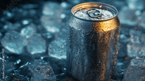 Can of cold beverage on a bed of ice cubes, water droplets visible, evoking a sense of cool refreshment.