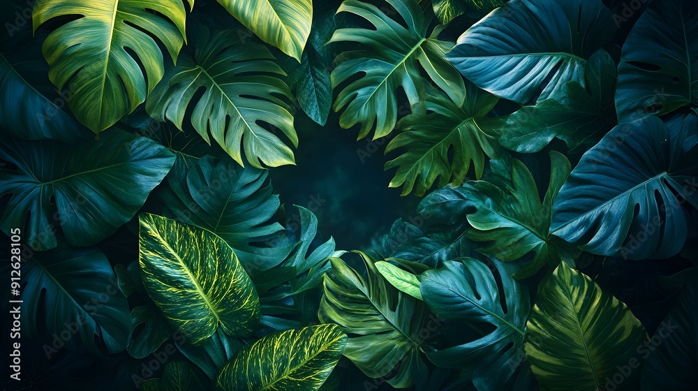 Fototapeta premium Tropical green leaves dark theme background, creates a mysterious and magical atmosphere, surrounded by lush green trees. This design is perfect for social media posts, graphics or digital art.