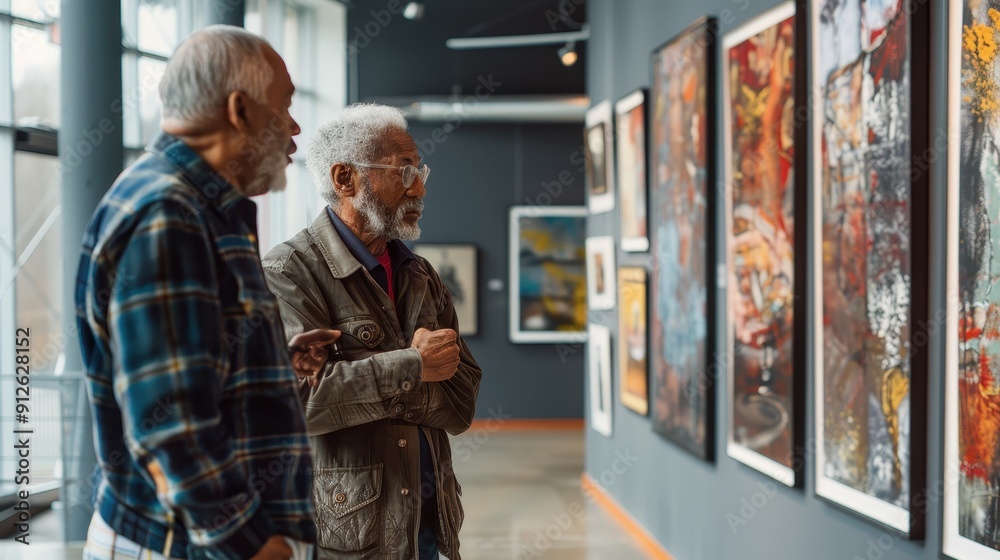 Two older gentlemen admire and discuss contemporary artworks displayed on a gallery wall Two older gentlemen admire and discuss contemporary artworks displayed on a gallery wall