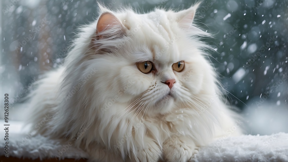 A fluffy white Persian cat gazes outside at the falling snow A fluffy white Persian cat gazes outside at the falling snow