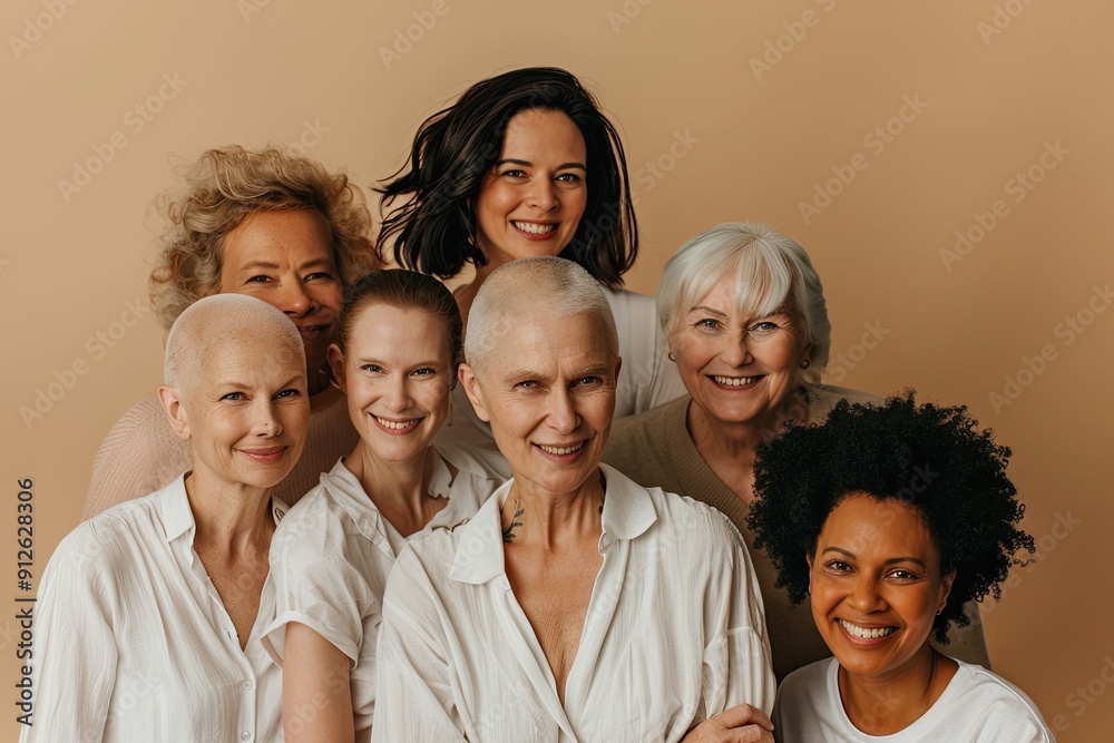 Beautiful women are happy. An open look. Cancer Control, Awareness, Prevention. women of different nationalities and races. World Cancer Day. Beige background. Copy space Beautiful women are happy. An open look. Cancer Control, Awareness, Prevention. women of different nationalities and races. World Cancer Day. Beige background. Copy space