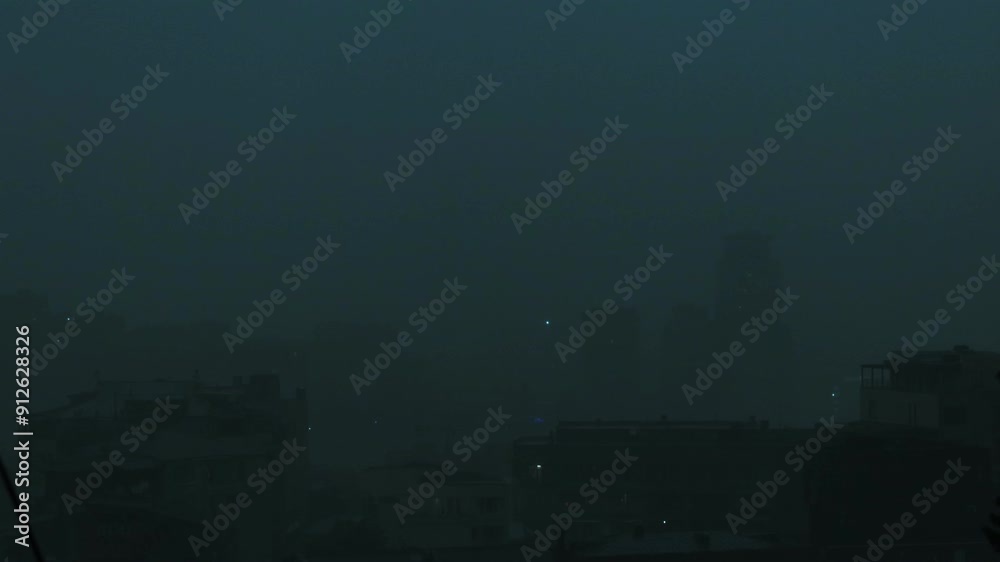 Cyberpunk Storm Over City with Flashing Lightning