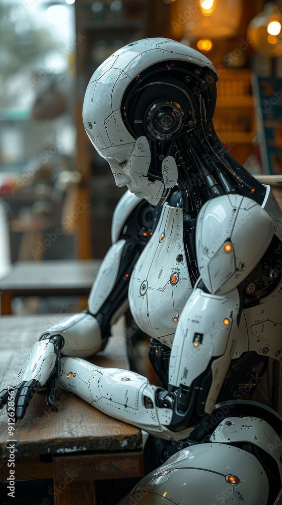 A sad humanoid robot sits alone at a wooden table in a dimly lit room, reflecting a melancholic atmosphere. A sad humanoid robot sits alone at a wooden table in a dimly lit room, reflecting a melancholic atmosphere.