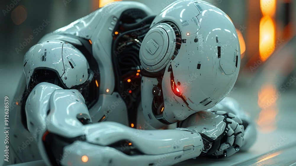 Fototapeta premium A futuristic humanoid robot rests its head on a table, expressing a state of sadness and loneliness in a high-tech environment.