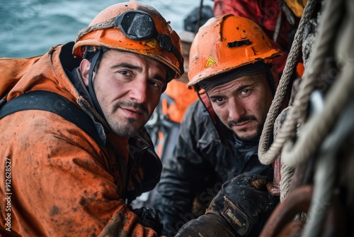 Two fishermen on a boat, dressed in protective orange gear and helmets, focusing on their task and showcasing the camaraderie and diligence in the harsh marine environment.