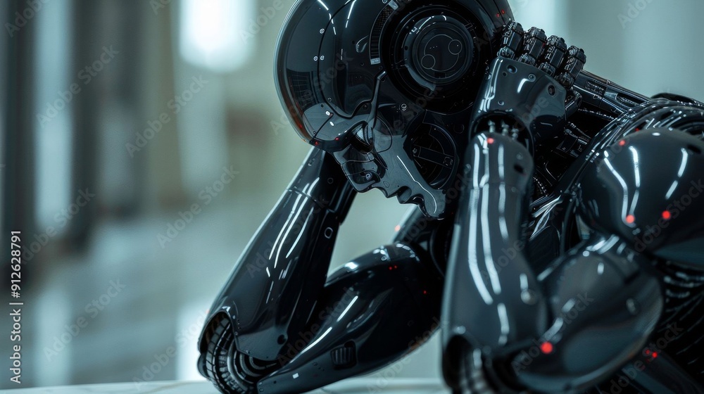 A sad, futuristic robot in a reflective pose indoors, showcasing advanced technology and artificial intelligence. A sad, futuristic robot in a reflective pose indoors, showcasing advanced technology and artificial intelligence.
