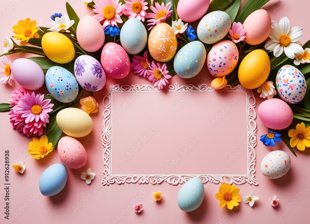 a greeting card template for Easter, featuring a border of stylish Easter eggs and spring flowers on pink paper a greeting card template for Easter, featuring a border of stylish Easter eggs and spring flowers on pink paper