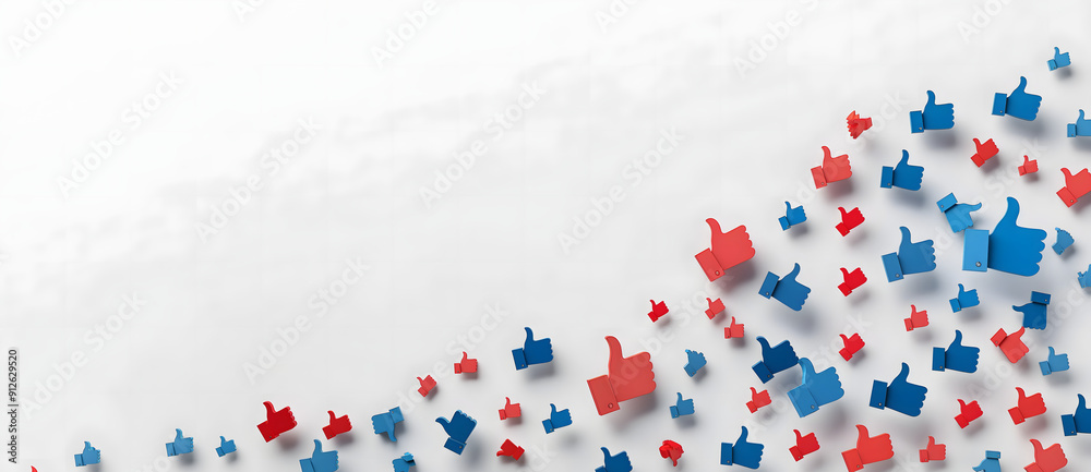 A dynamic image showcasing a flurry of red and blue thumbs up icons scattered across a white background. A dynamic image showcasing a flurry of red and blue thumbs up icons scattered across a white background.