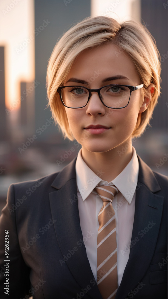 Portrait of a young woman with a short haircut in a business suit against the backdrop of a modern city. Portrait of a young woman with a short haircut in a business suit against the backdrop of a modern city.
