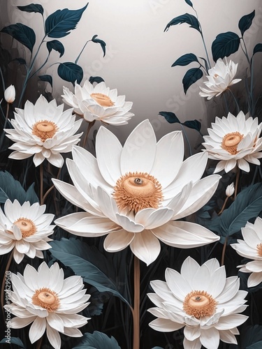 A painting of a field of white flowers with a blue background generative AI illustration