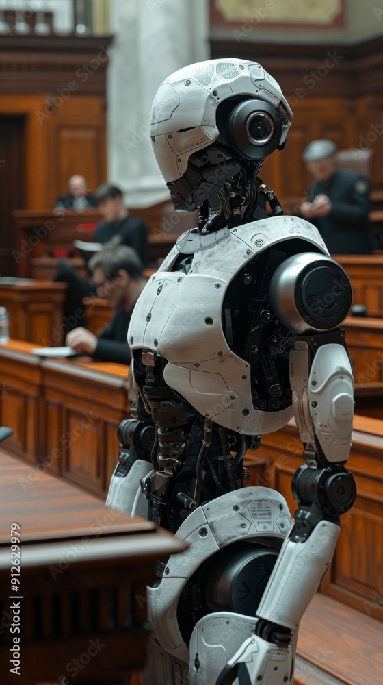 A humanoid robot stands in a courtroom during a legal proceeding, with people engaged in legal activities in the background. A humanoid robot stands in a courtroom during a legal proceeding, with people engaged in legal activities in the background.