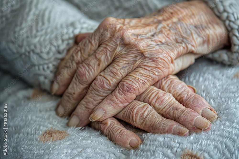 Fototapeta premium Close up of wrinkled hands of an elderly woman resting on her lap