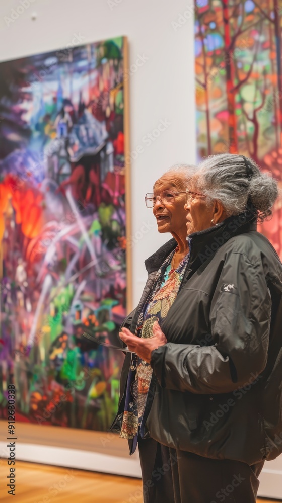 Two women discuss vibrant artwork in a museum setting, surrounded by colorful displays Two women discuss vibrant artwork in a museum setting, surrounded by colorful displays