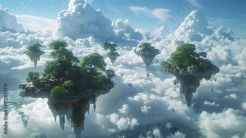 Airborne ecosystem, floating islands of diverse biomes,  photo